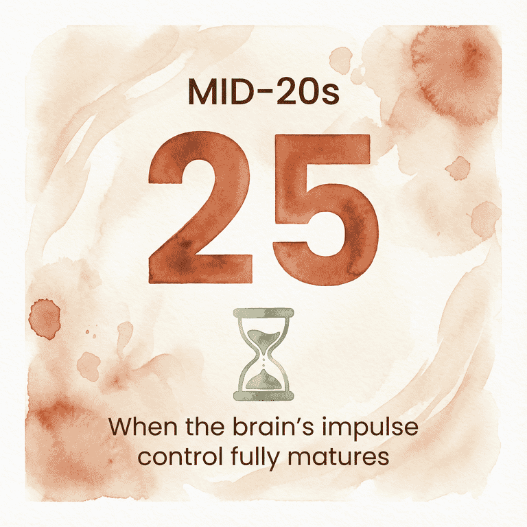 Mid-20s statistic showing when brain impulse control fully develops
