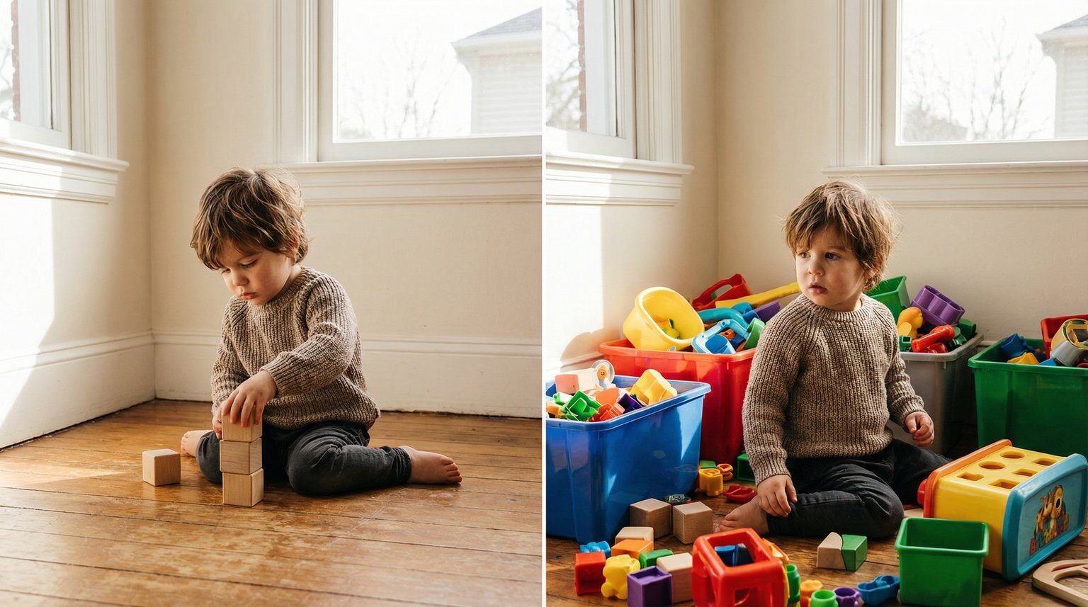 Child playing intently in minimal toy corner of playroom with natural light