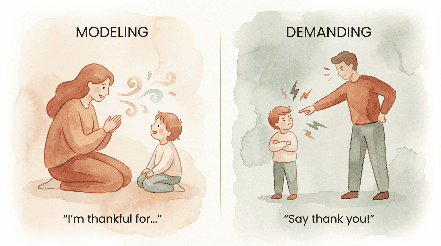 Comparison showing modeling gratitude with I'm thankful for versus demanding with say thank you