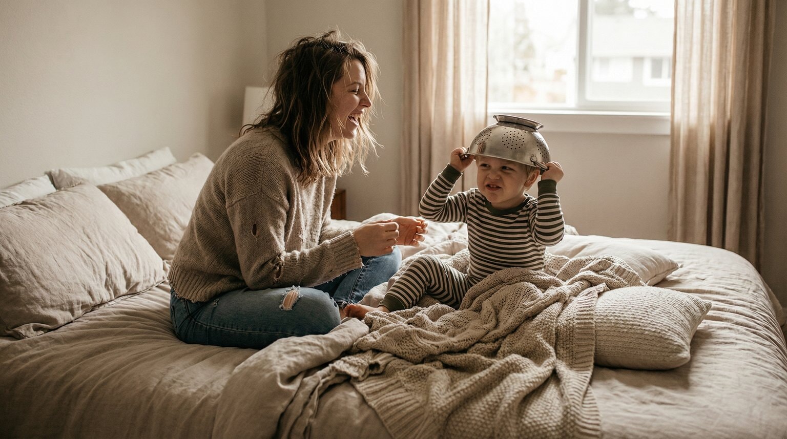 Mom laughing with preschool-aged child on a cozy bed capturing a genuine personality moment