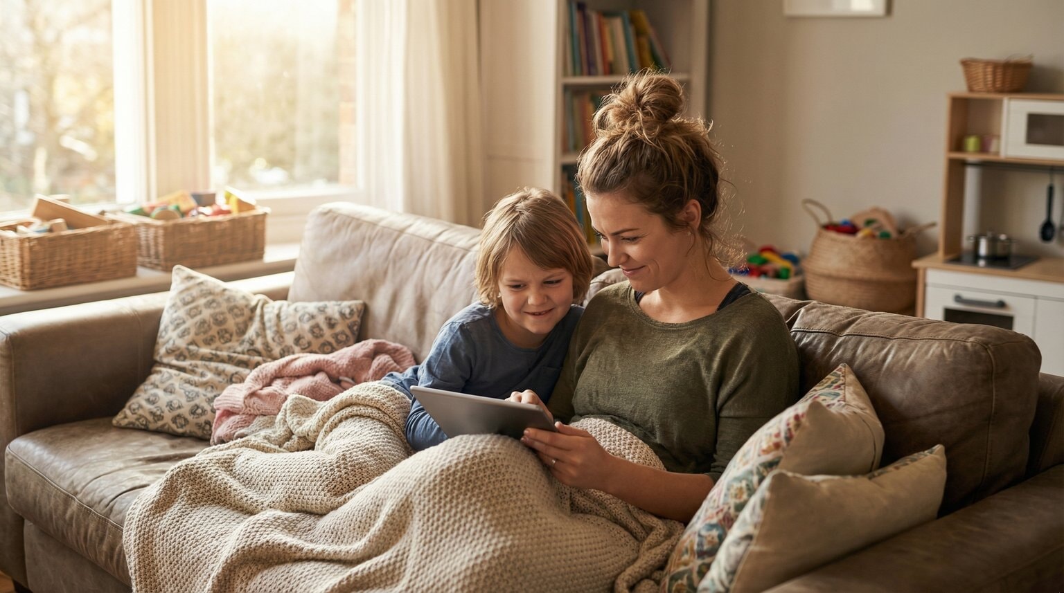 Mom and elementary-aged child sitting on cozy couch looking at tablet together with amused skeptical expressions