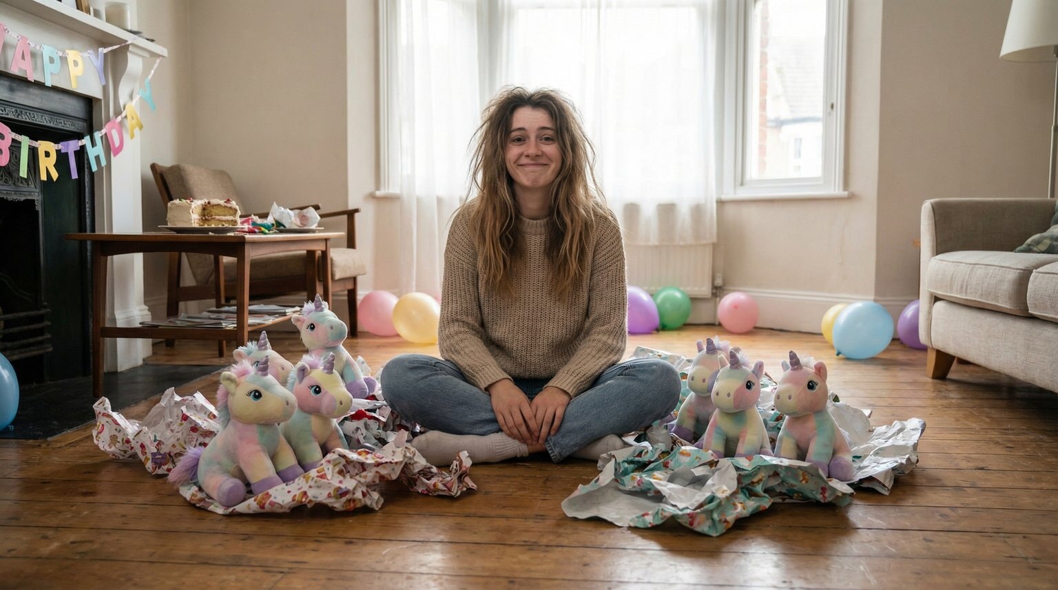Mom sitting on living room floor surrounded by torn wrapping paper and multiple identical stuffed unicorn toys with amused expression