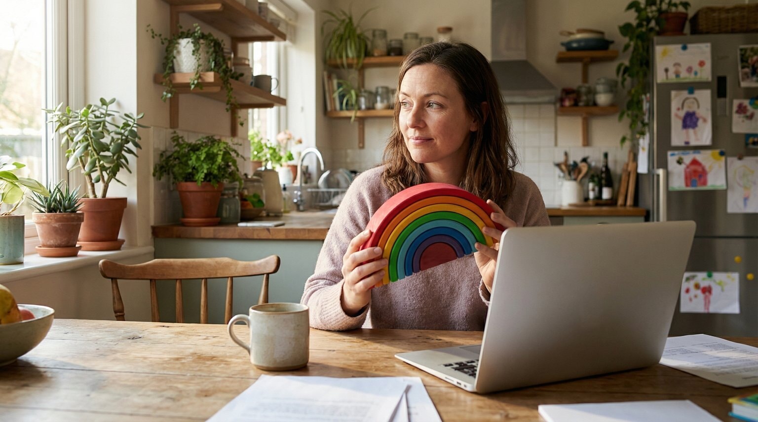 Mom at kitchen table thoughtfully evaluating colorful toy product in her hands with laptop nearby