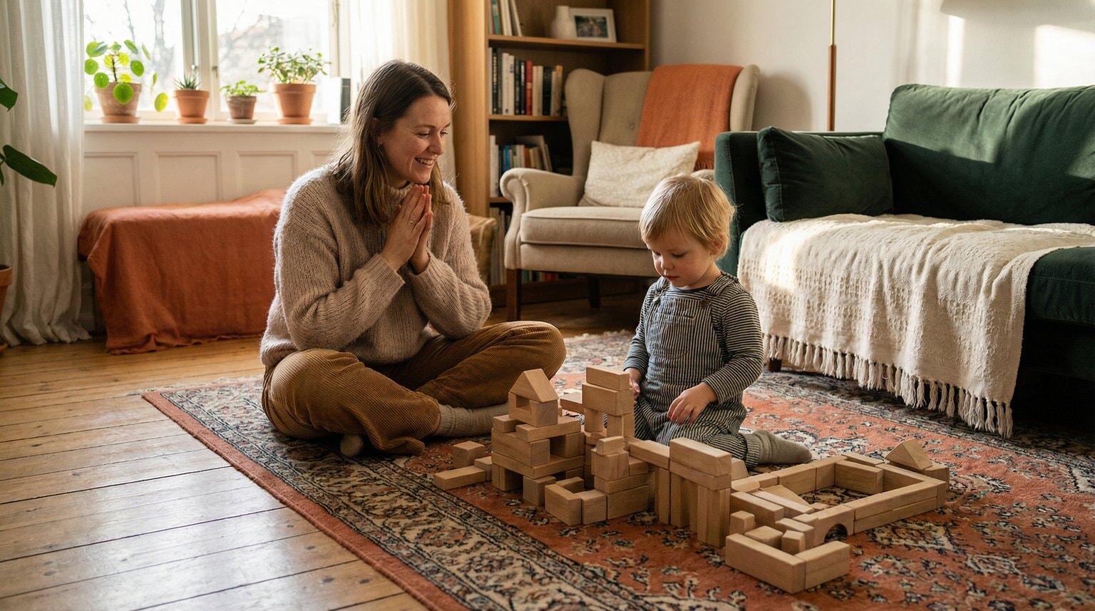 Mother sitting beside child building with blocks, engaged but not interfering in cozy living room