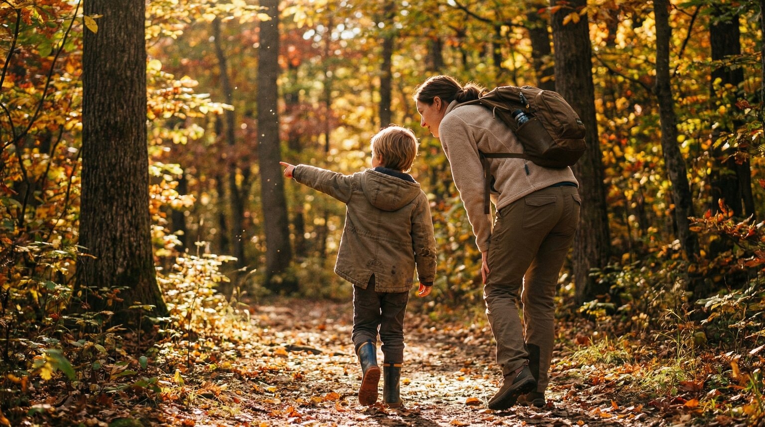 Mother and young child walking on forest trail, child pointing excitedly at something off-path