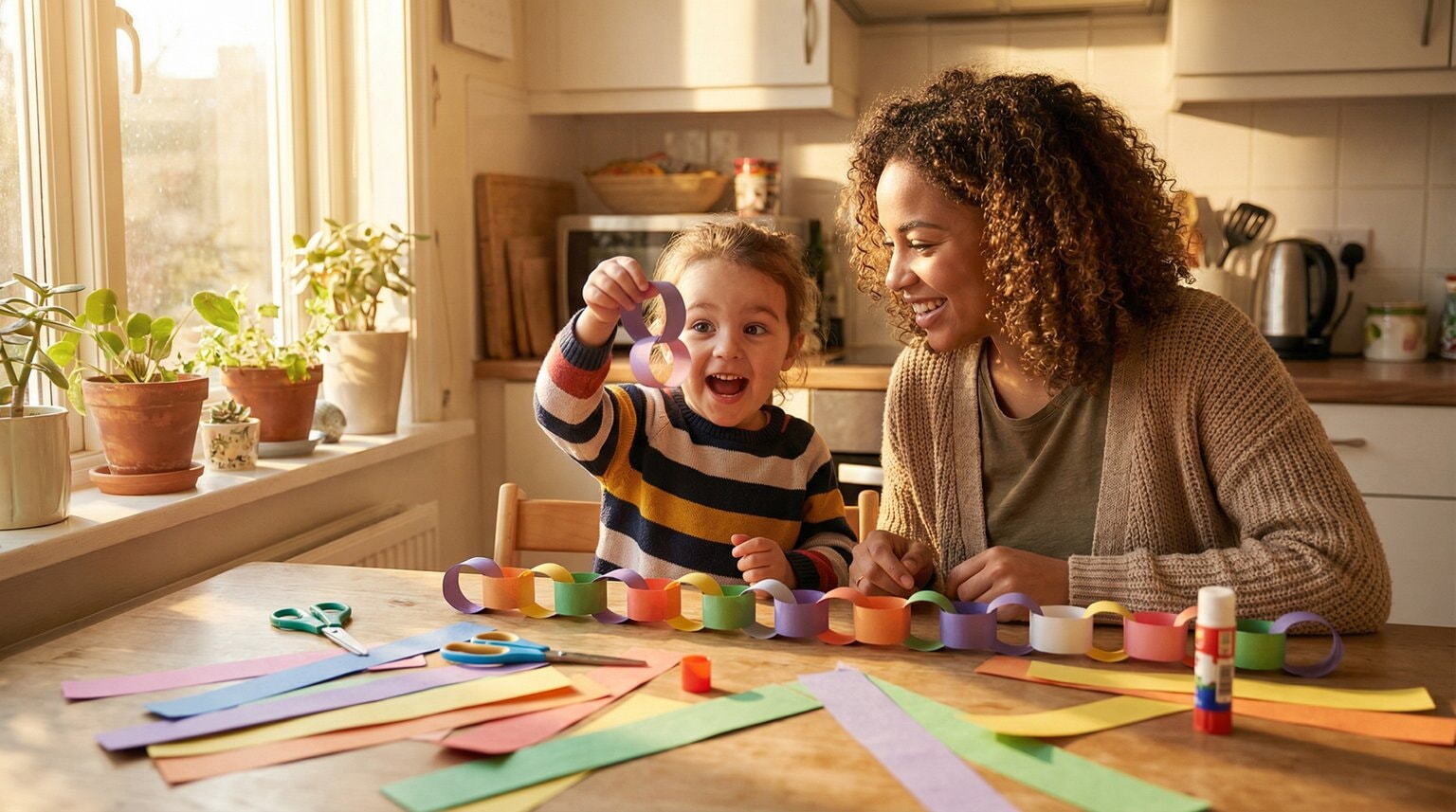 Mother and preschooler working together on colorful paper chain countdown at kitchen table