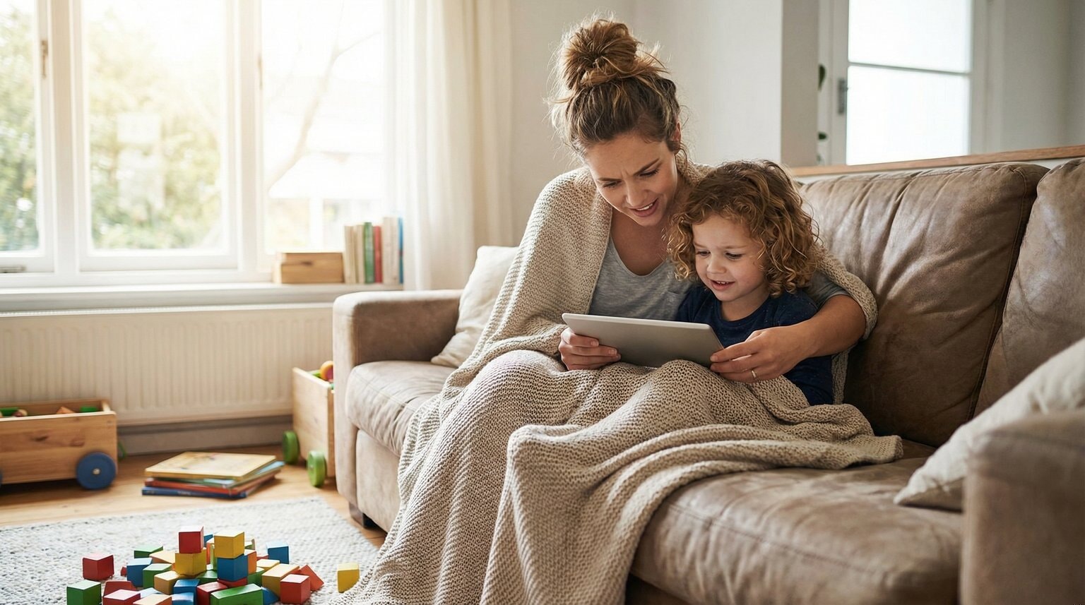 Mother and preschooler sitting together on couch looking at tablet with concerned expressions