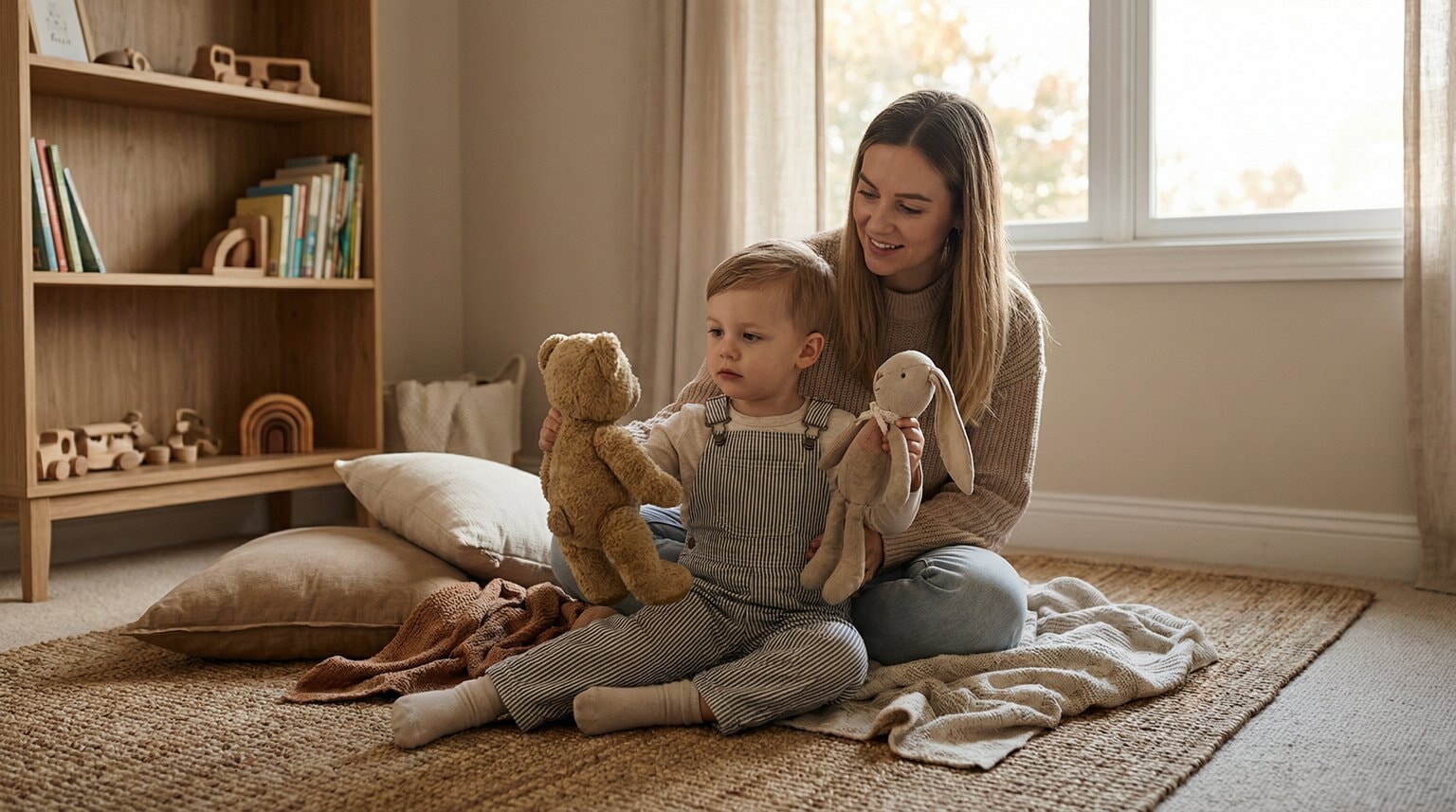 Mother and preschooler sitting on bedroom floor choosing between stuffed animals together