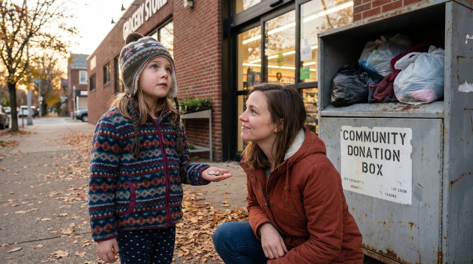 Mother crouching to daughter's eye level at community donation box, 7-year-old holding coins with curious expression