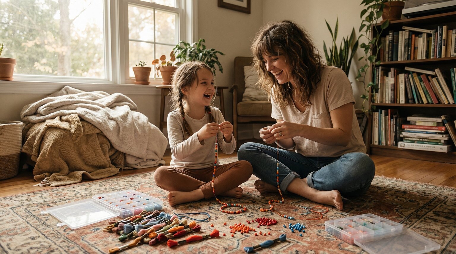 Mother and daughter laughing together while making friendship bracelets on living room floor