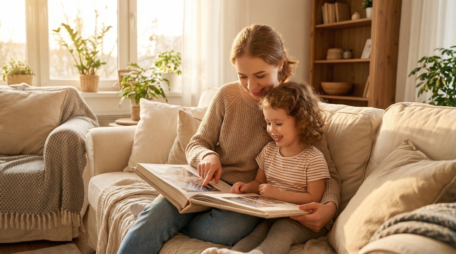 Mother and preschool daughter looking through photo book together on couch, reconnecting with trip memories