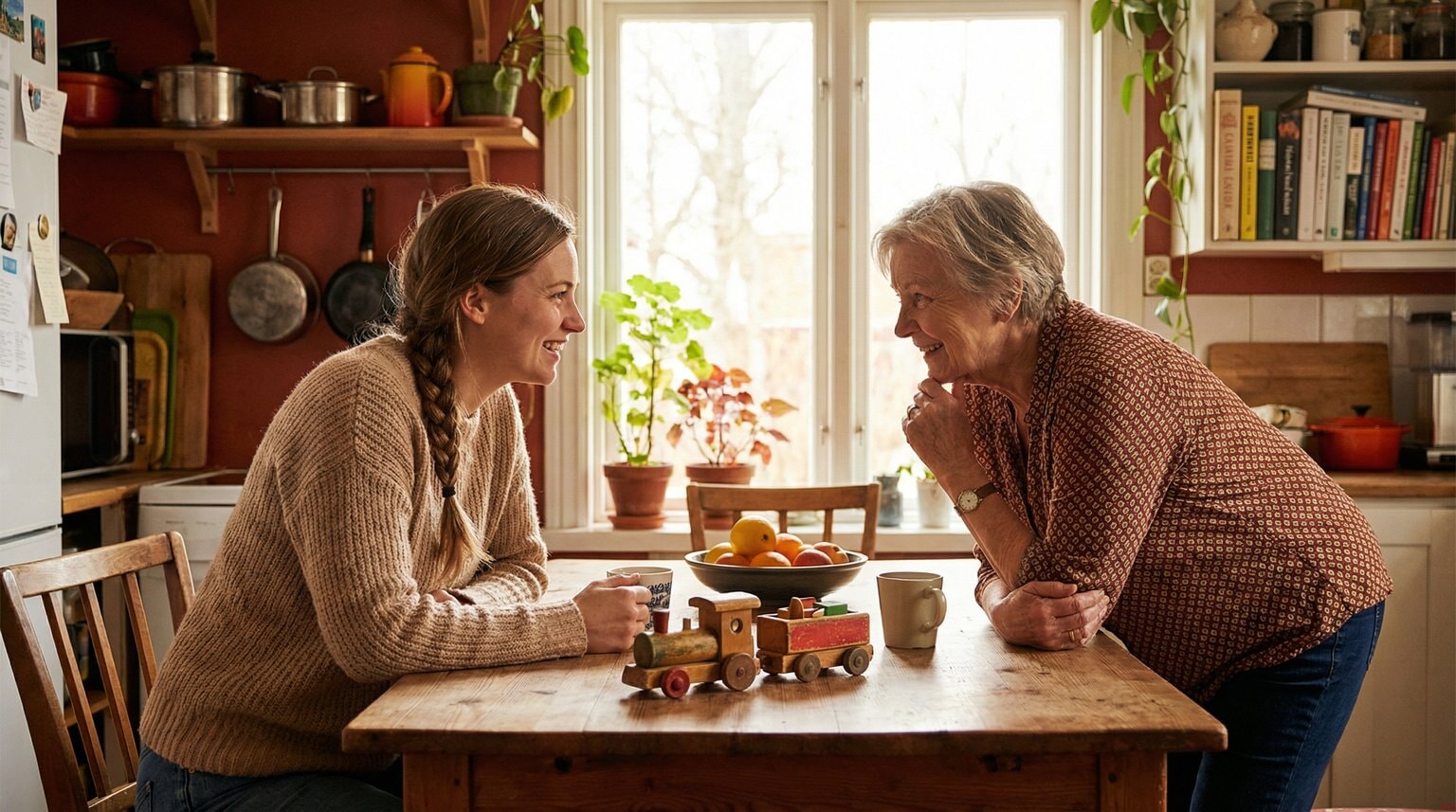 Young mother and grandmother having friendly conversation at kitchen table with wooden toy visible