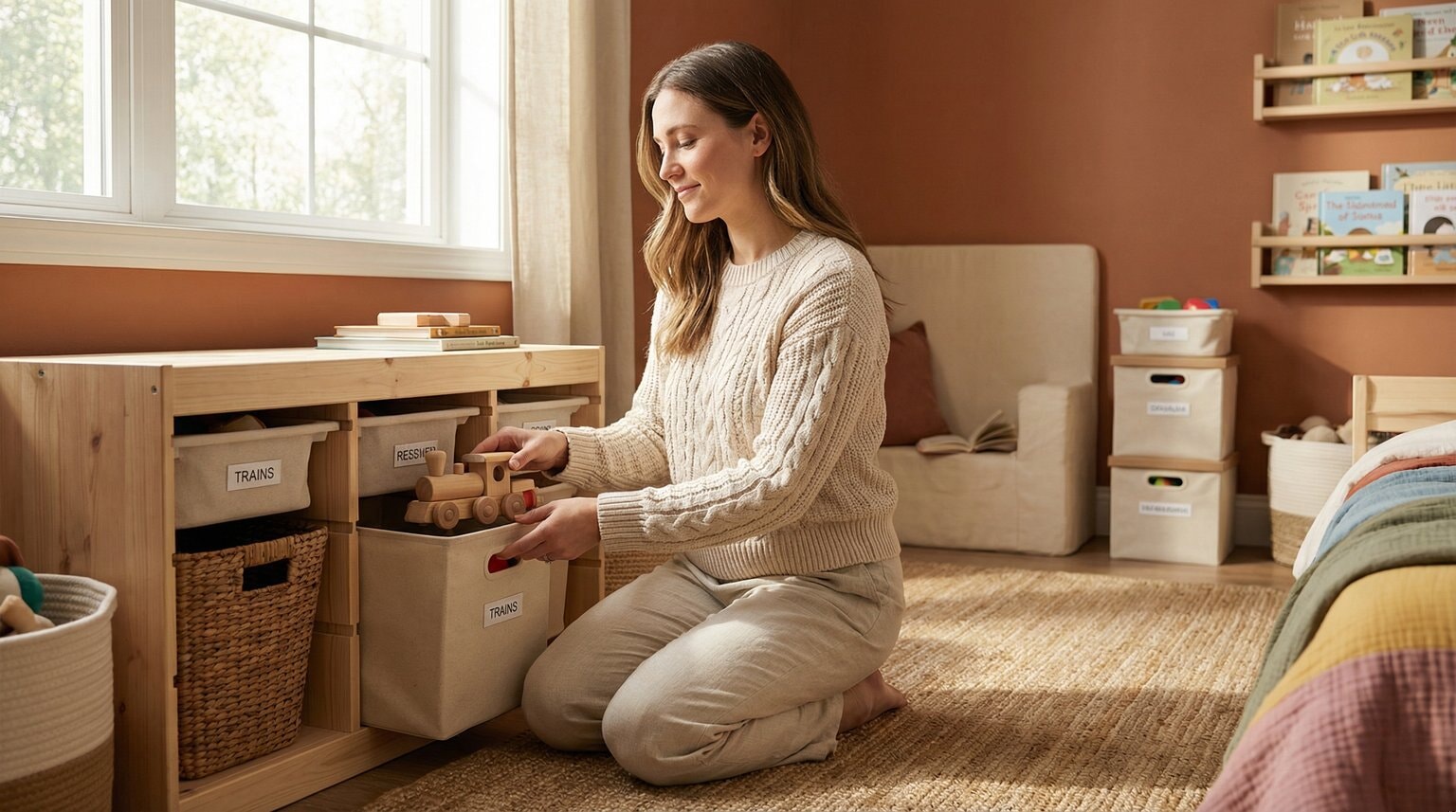 Young mother organizing toys in labeled storage bins in bright tidy playroom