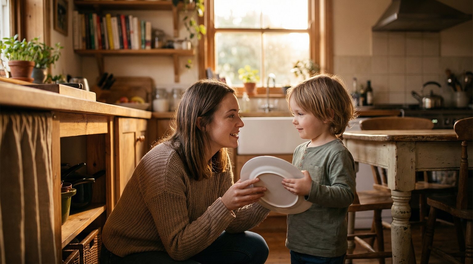 Mother crouching to thank young child holding cleared dinner plate in warm kitchen setting