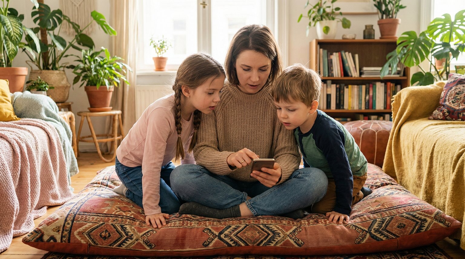 Mother sitting with two kids on floor cushion explaining something on phone screen together