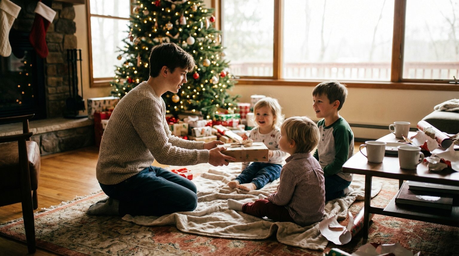 Teenager helping distribute gifts while younger children watch eagerly in circle on Christmas morning
