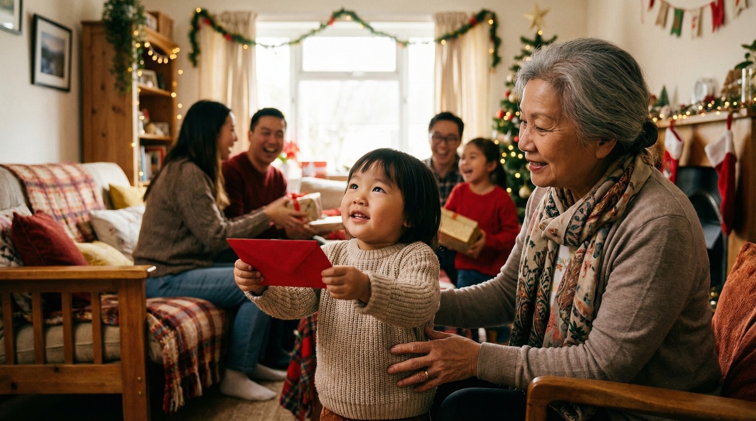 Multigenerational Asian family sharing a warm gift exchange moment with grandmother and young child holding red envelope