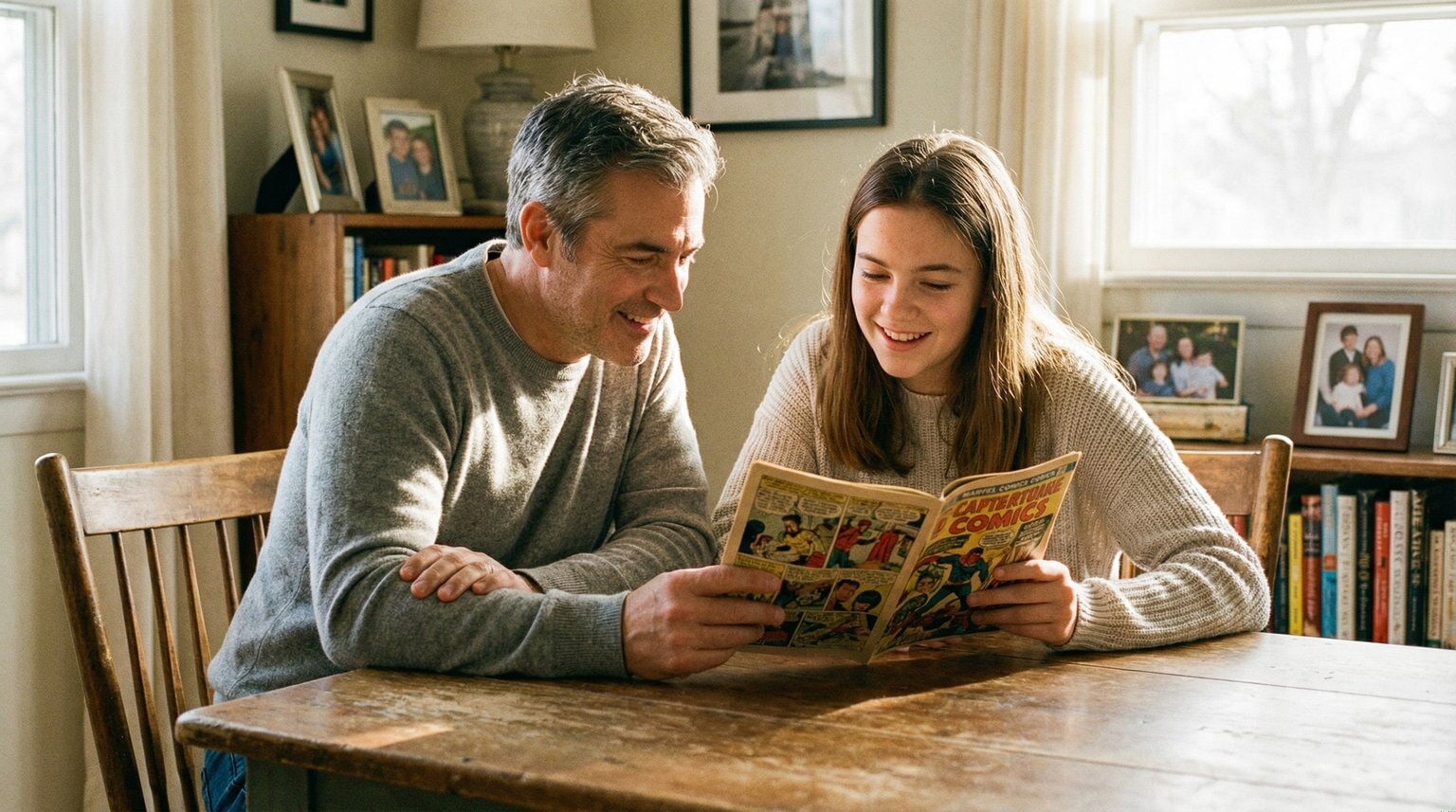 Parent and teenager looking at collectible item together with shared interest and genuine connection
