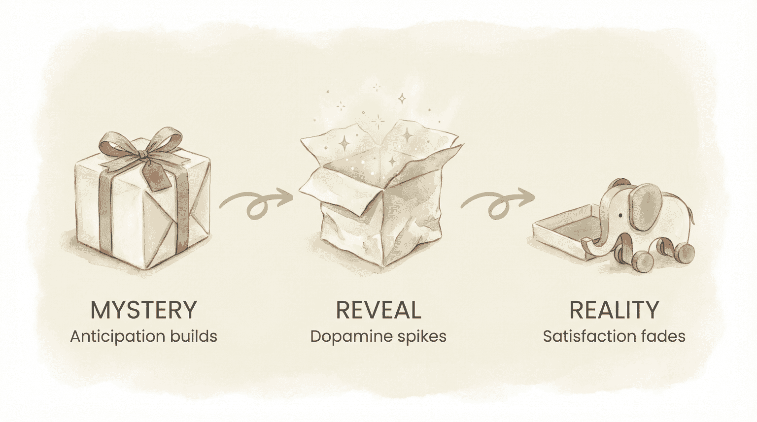 Three-step illustration showing mystery anticipation, dopamine spike at reveal, and fading satisfaction