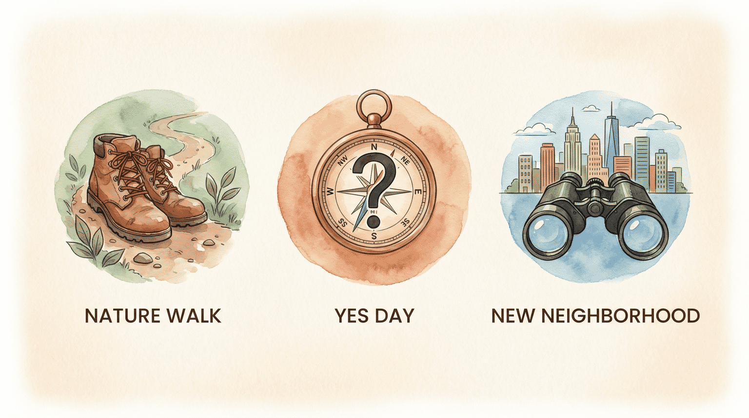 Three adventure date icons showing nature walk, yes day compass, and neighborhood binoculars