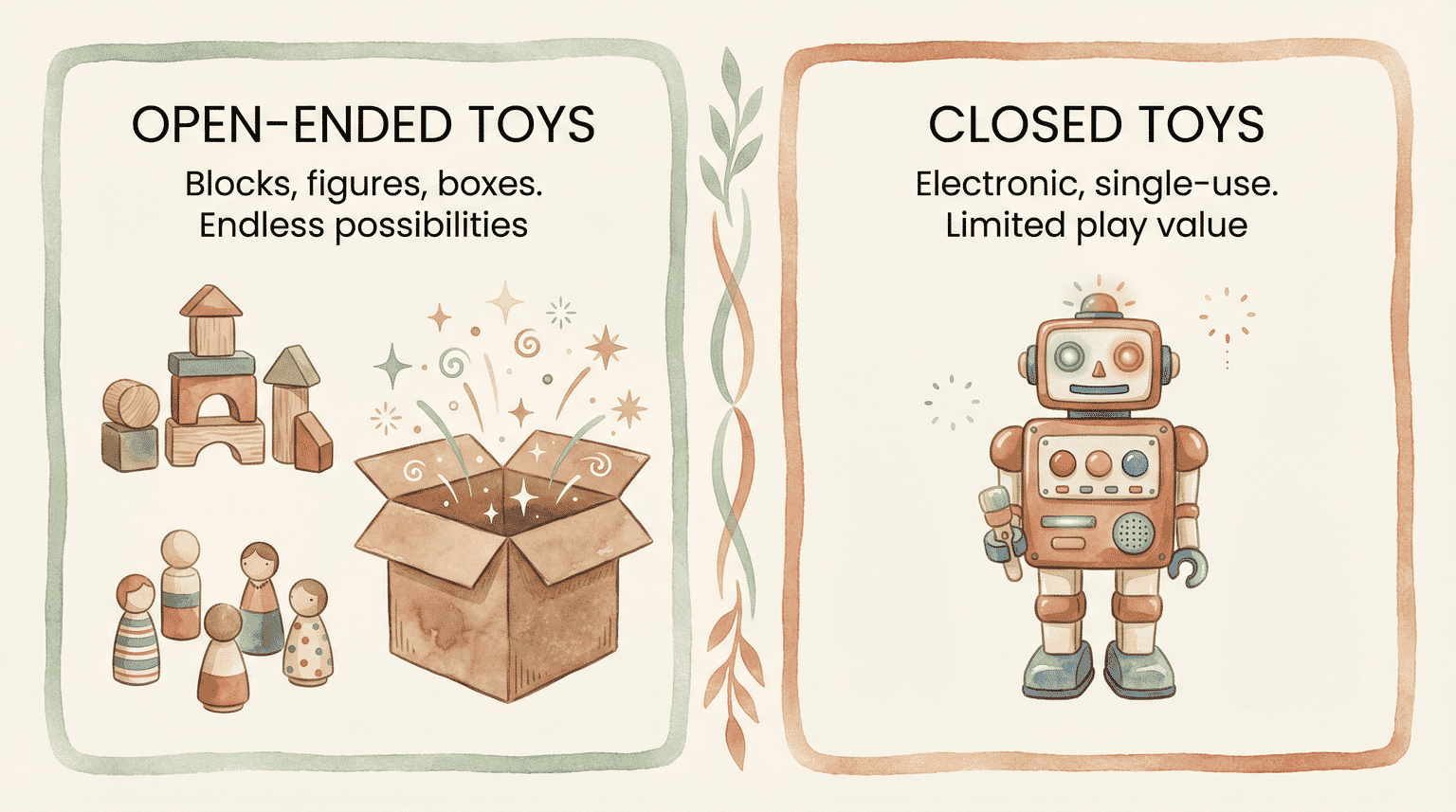 Comparison showing open-ended toys like blocks offer endless possibilities while electronic toys have limited play value