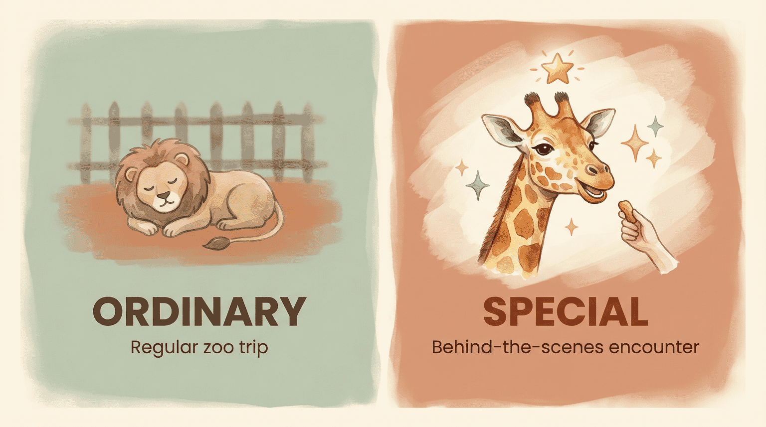 Comparison showing ordinary zoo trip versus special behind-the-scenes encounter