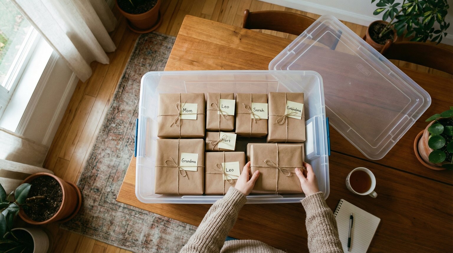 Parent's hands placing wrapped gift with sticky note into organized storage bin with other gifts visible