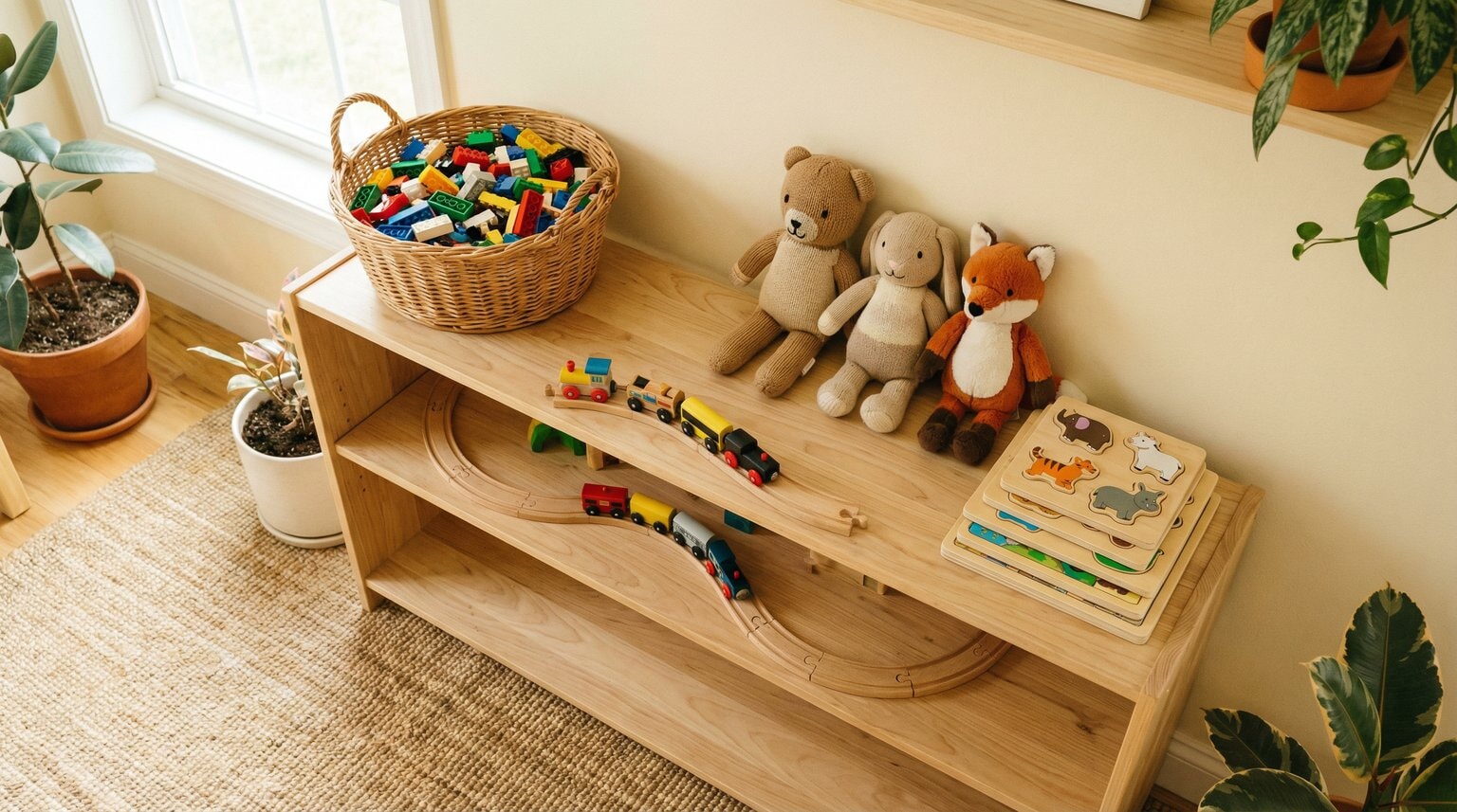Overhead view of organized toy shelf with wooden train set, LEGO basket, stuffed animals, and puzzles in calm arrangement