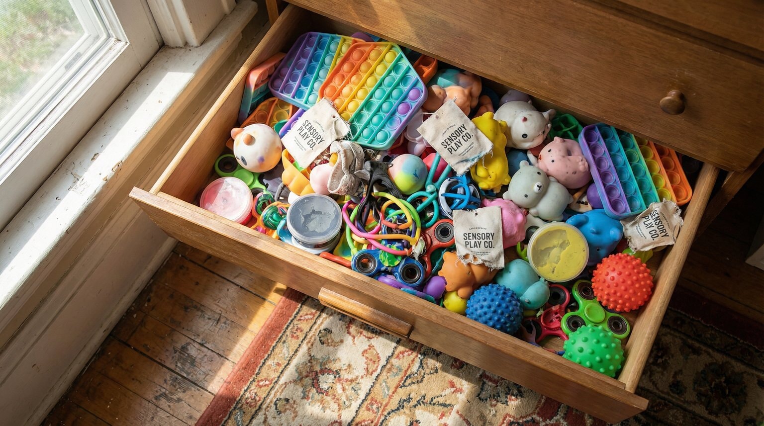 Overhead view of messy toy bin overflowing with colorful pop-its squishies and fidget toys