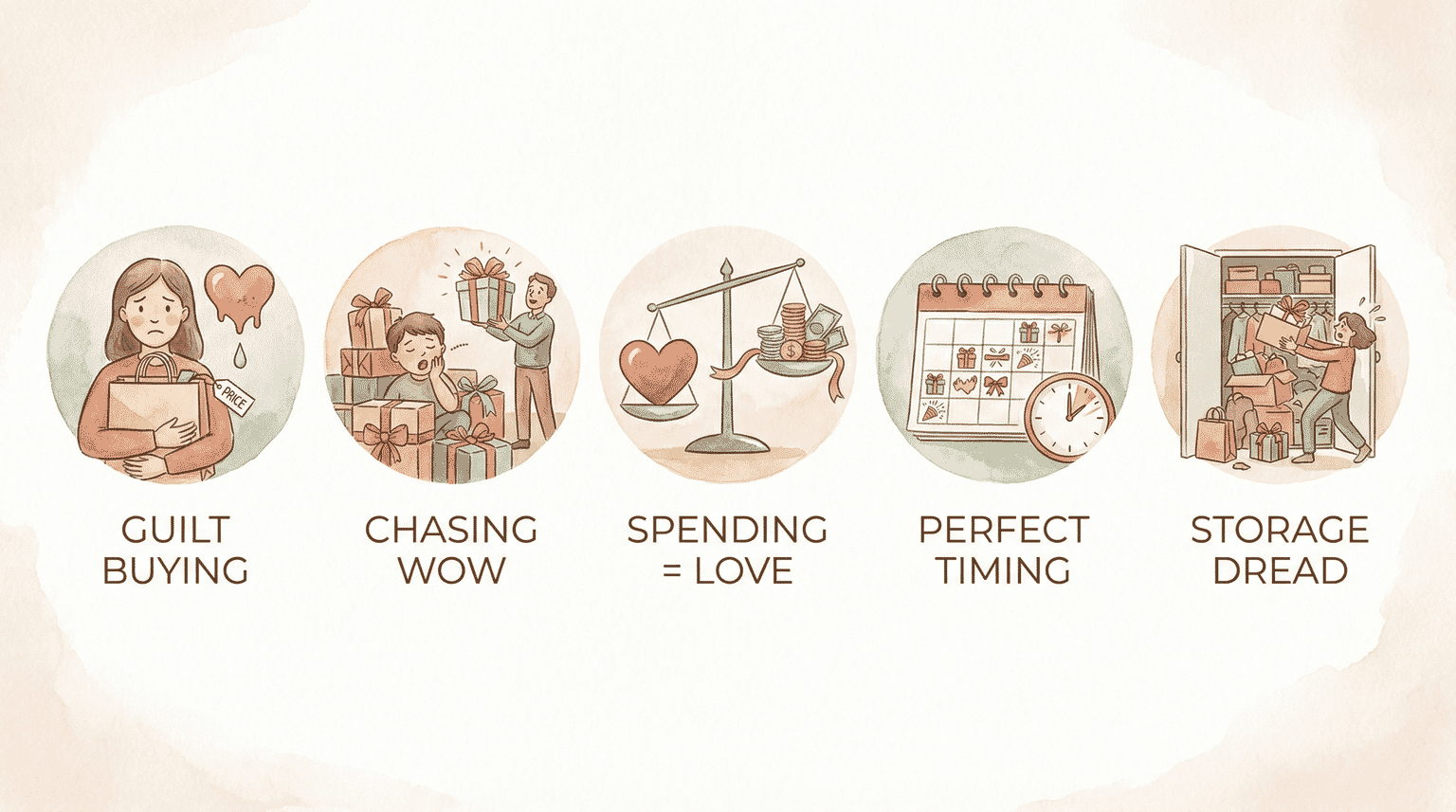 Five icons showing over-gifting warning signs including guilt buying and storage dread