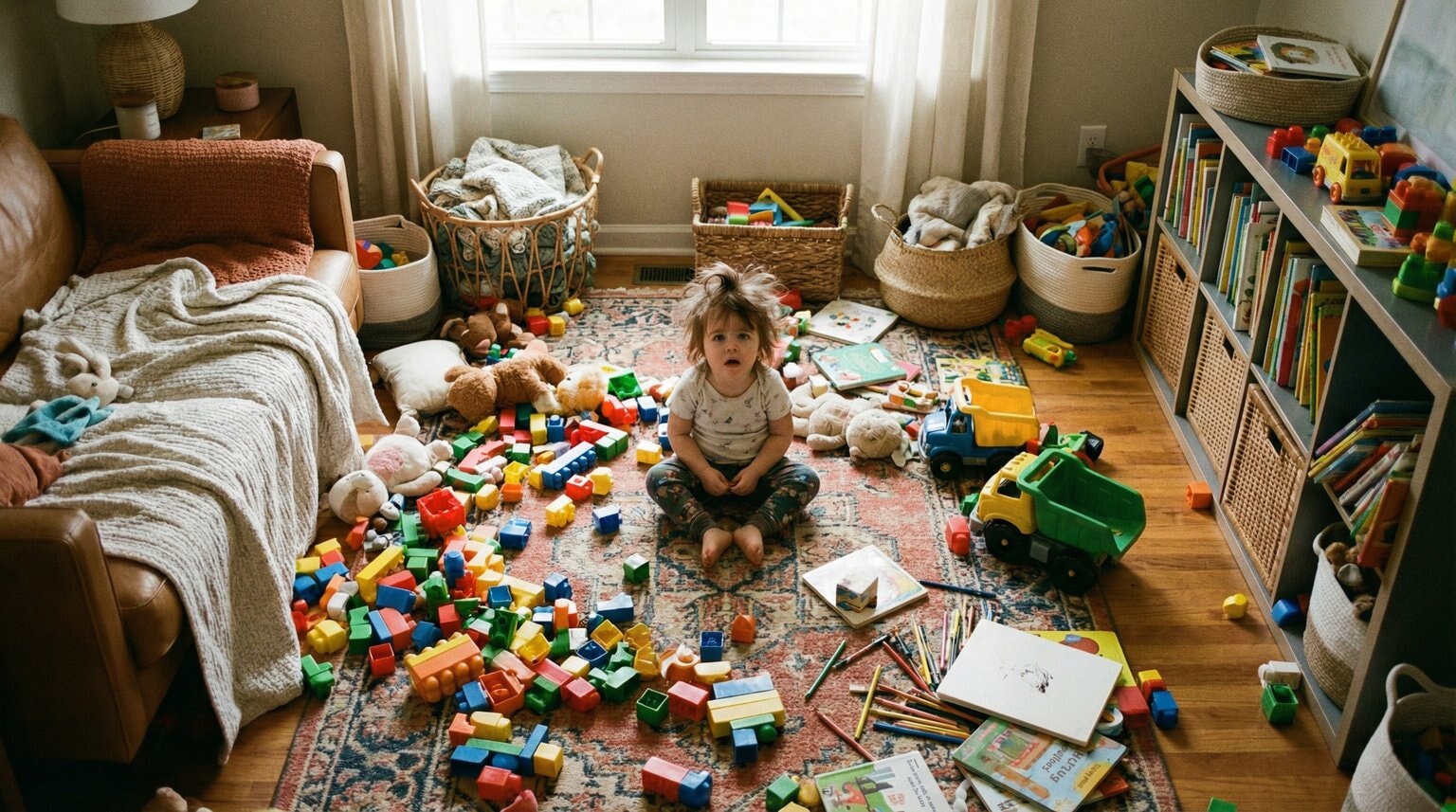 Toddler looking overwhelmed sitting among scattered colorful toys in messy playroom