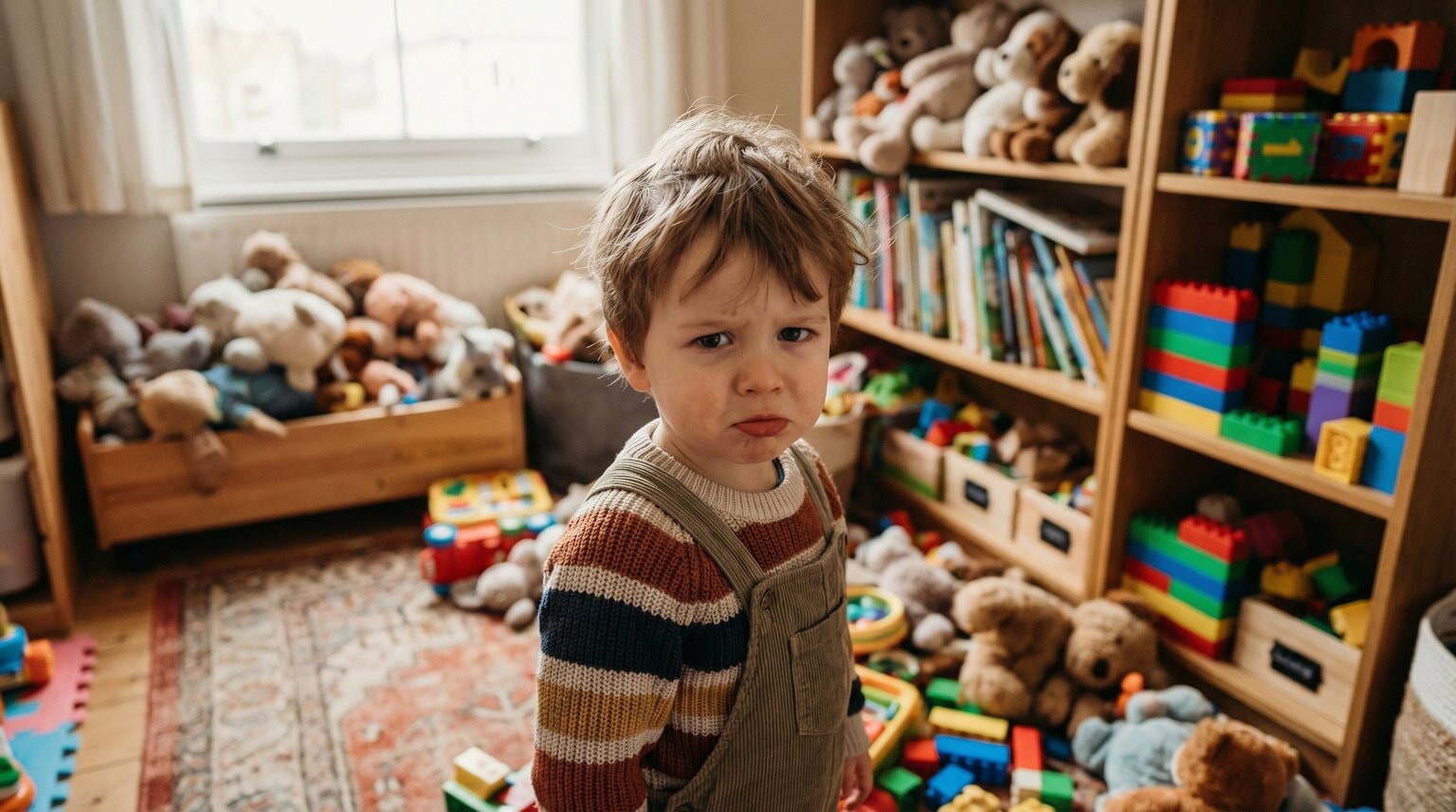 Young child looking overwhelmed standing in front of overflowing toy shelves