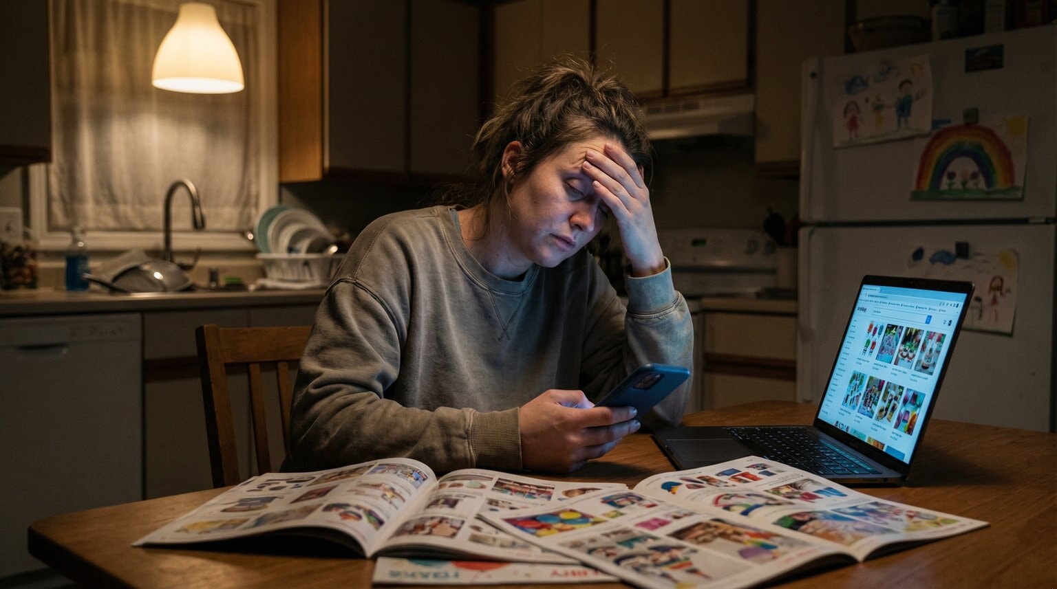 Exhausted mother scrolling phone at kitchen table late at night with Pinterest open on laptop and party catalogs scattered nearby