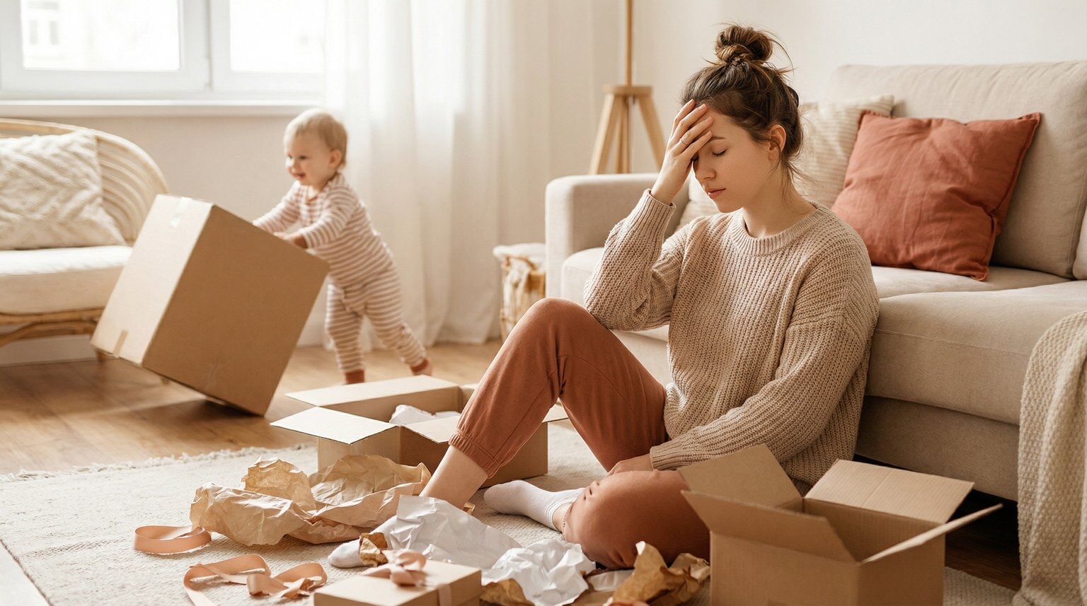 Overwhelmed mother sitting on floor surrounded by scattered gift boxes while toddler plays with cardboard box