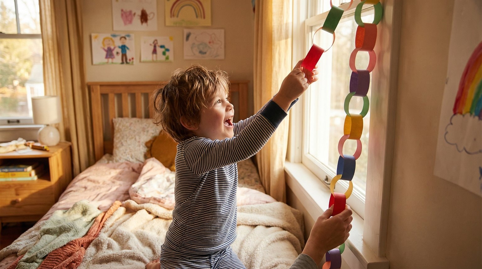 Preschool child excitedly removing link from colorful paper chain countdown on bedroom wall