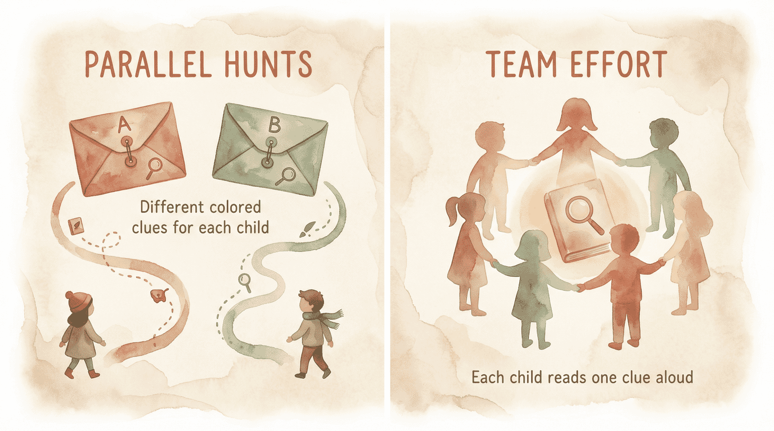 Two-panel comparison showing parallel hunts with different colored envelopes and team effort with children reading clues aloud