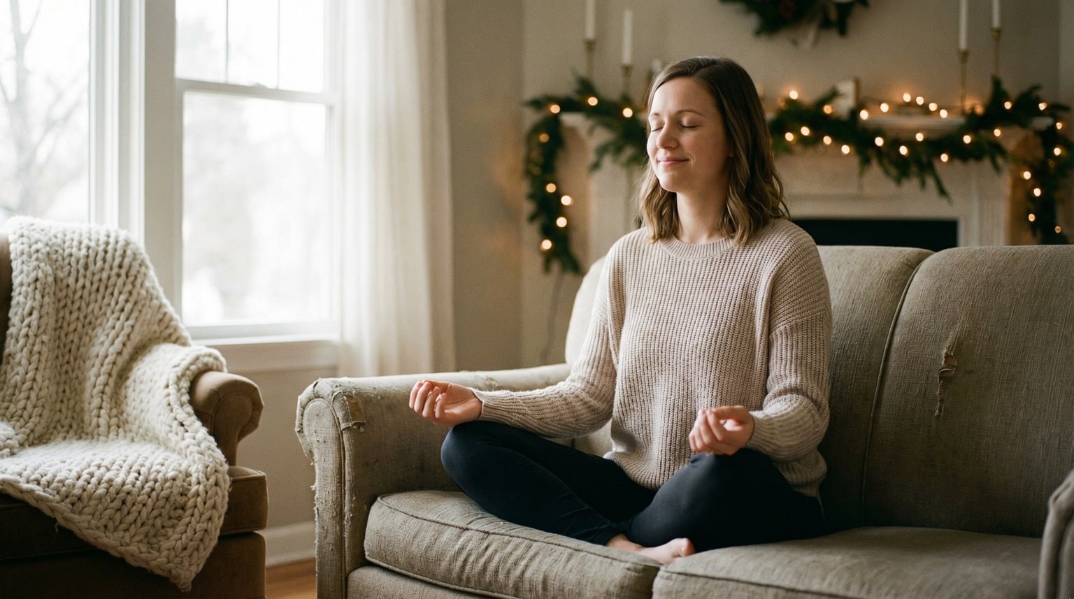 Young parent sitting cross-legged on couch with eyes closed practicing breathing exercises in cozy living room