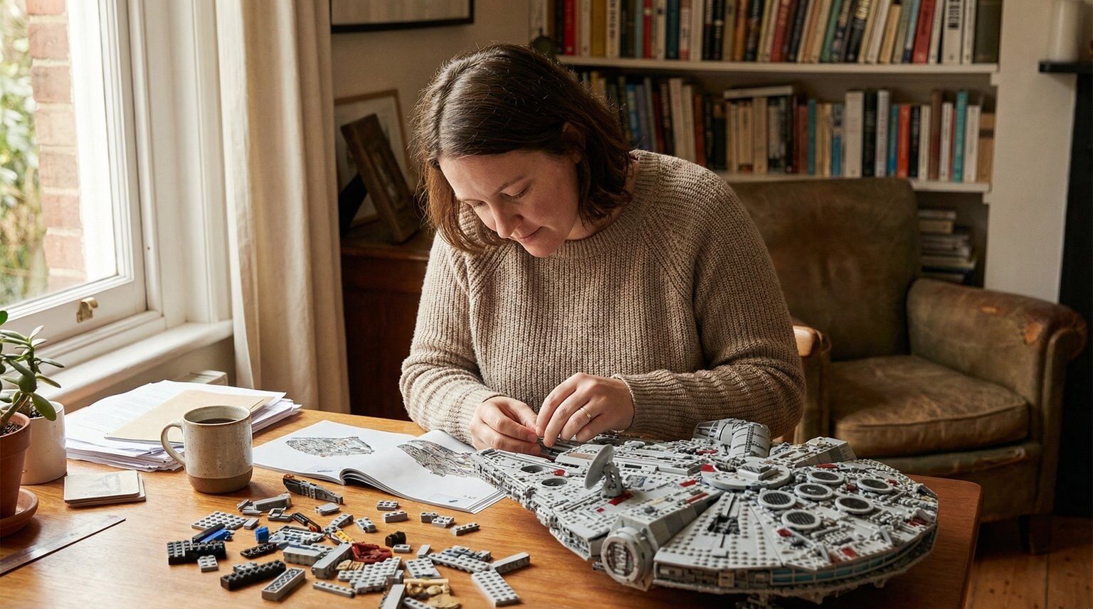 Parent in their late 30s focused on building an elaborate Lego set at home office desk with warm natural lighting