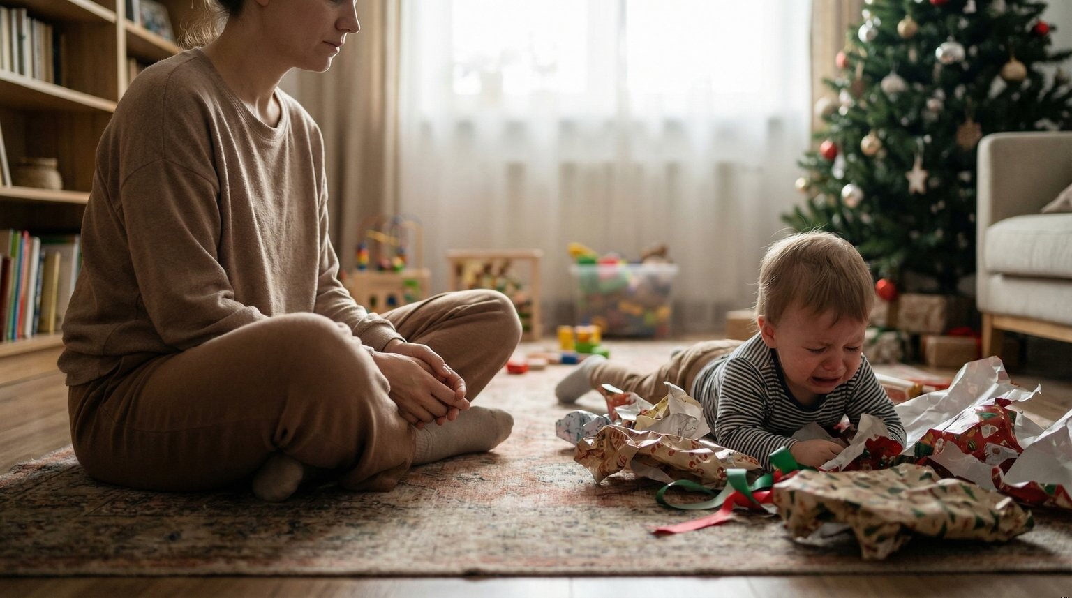 Parent sitting calmly on living room floor near upset toddler maintaining gentle presence without talking