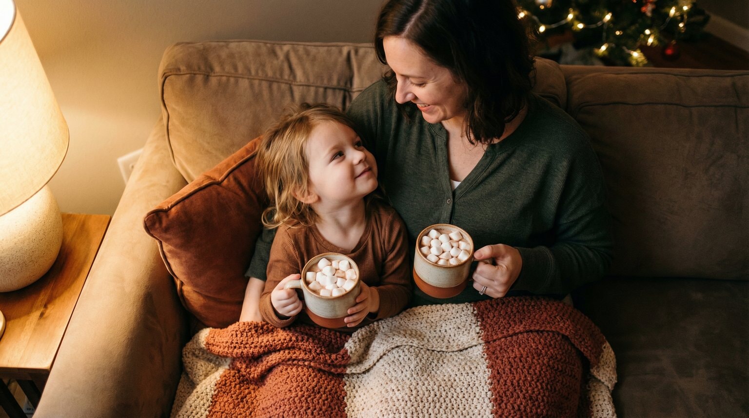 Parent and young child sharing hot cocoa on couch with holiday string lights in background