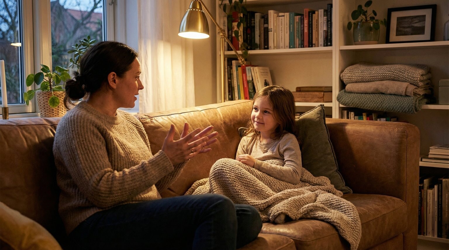 Parent and child sitting together on couch having an engaging conversation in warm evening light