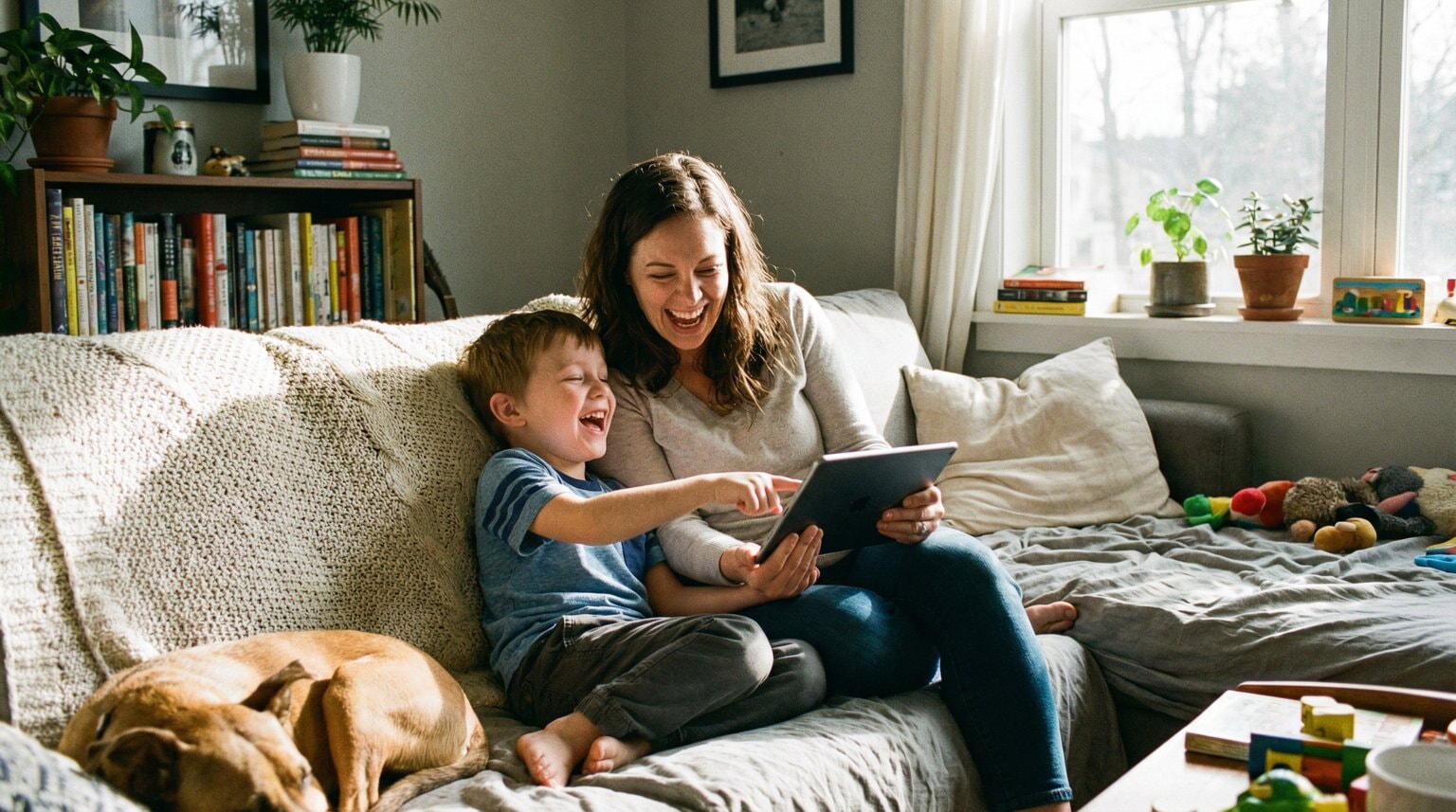 Parent and seven-year-old child sitting together on couch watching tablet and laughing while co-viewing content