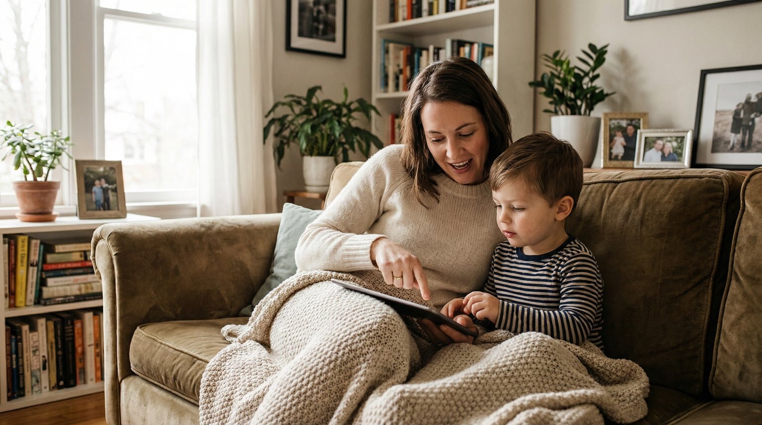 Parent and young child sitting together on couch engaged in co-viewing tablet content