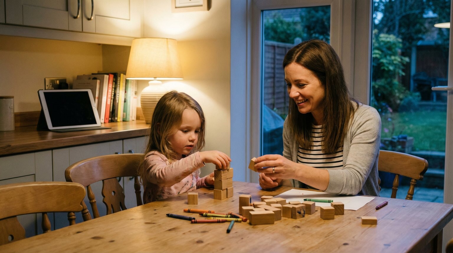 Parent and young child doing craft activity together at kitchen table with tablet set aside