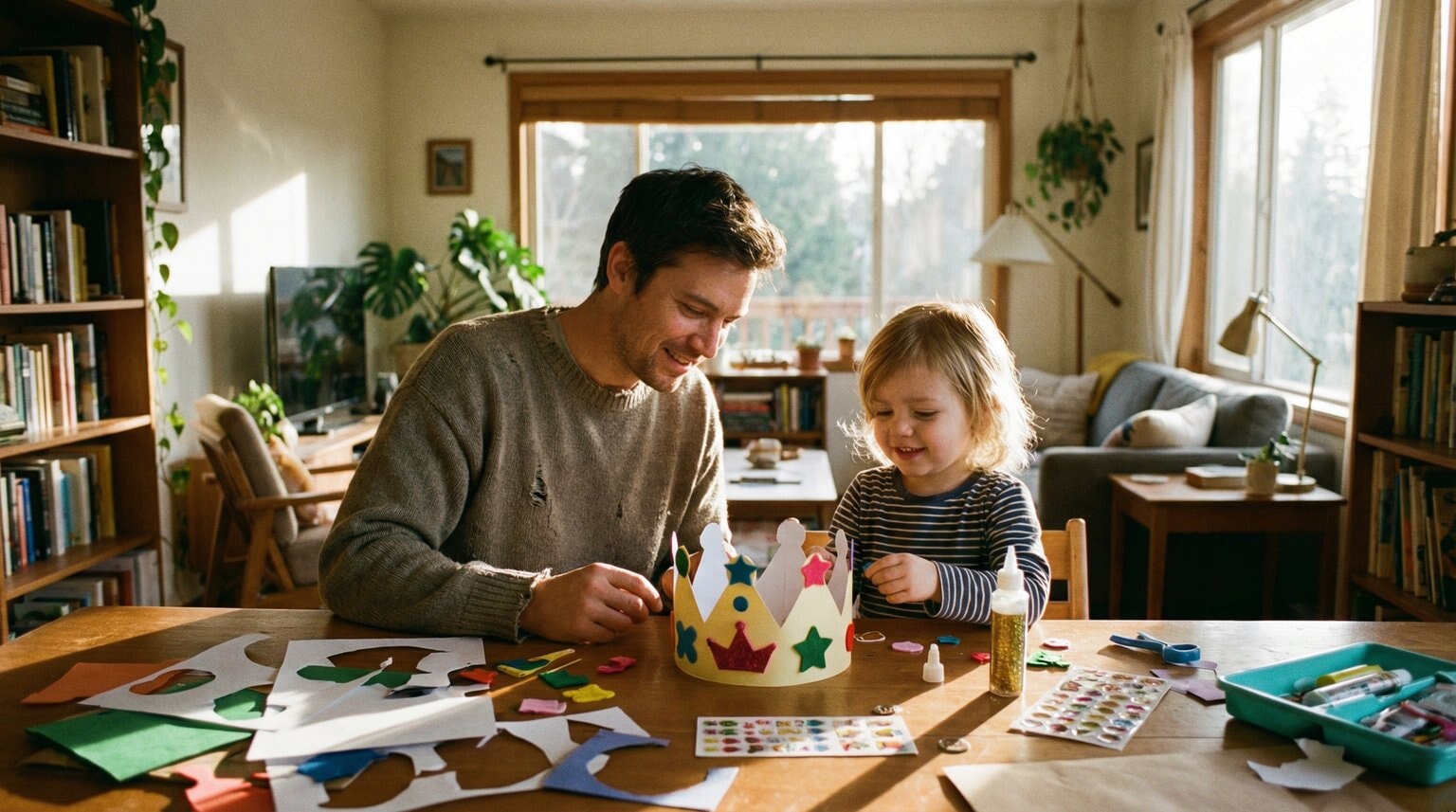 Parent and child crafting paper birthday crown together with colorful supplies on table