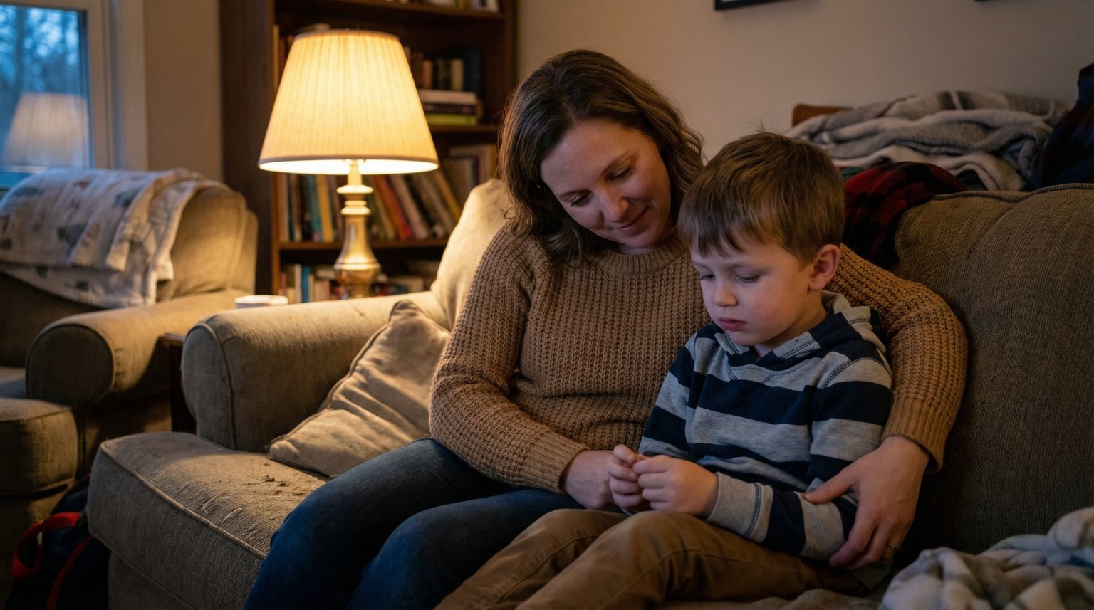 Parent and child sitting together on couch having calm supportive conversation about disappointment