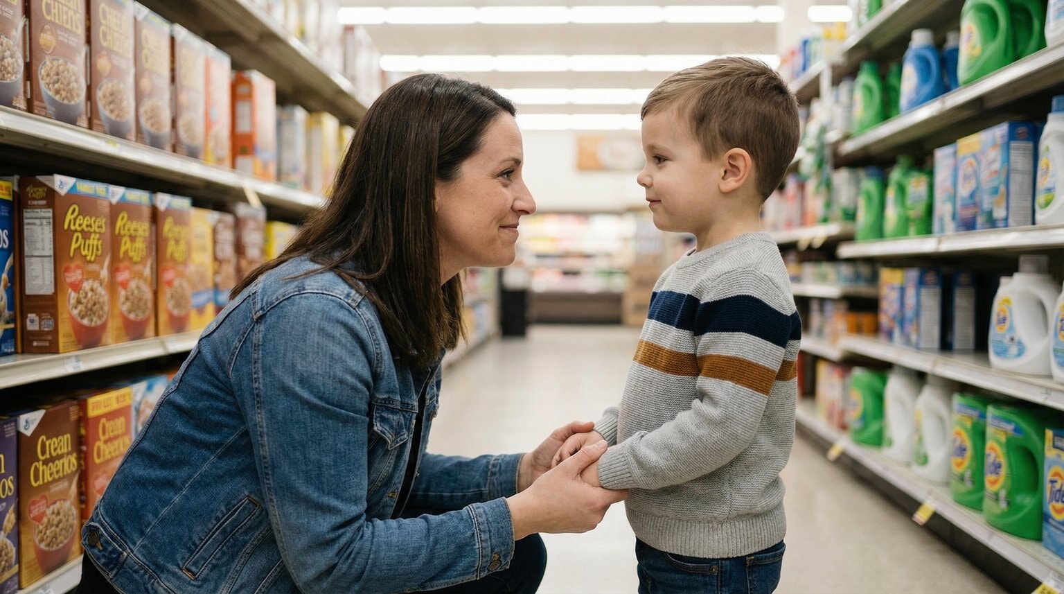 Parent kneeling to child eye level in store aisle making warm eye contact