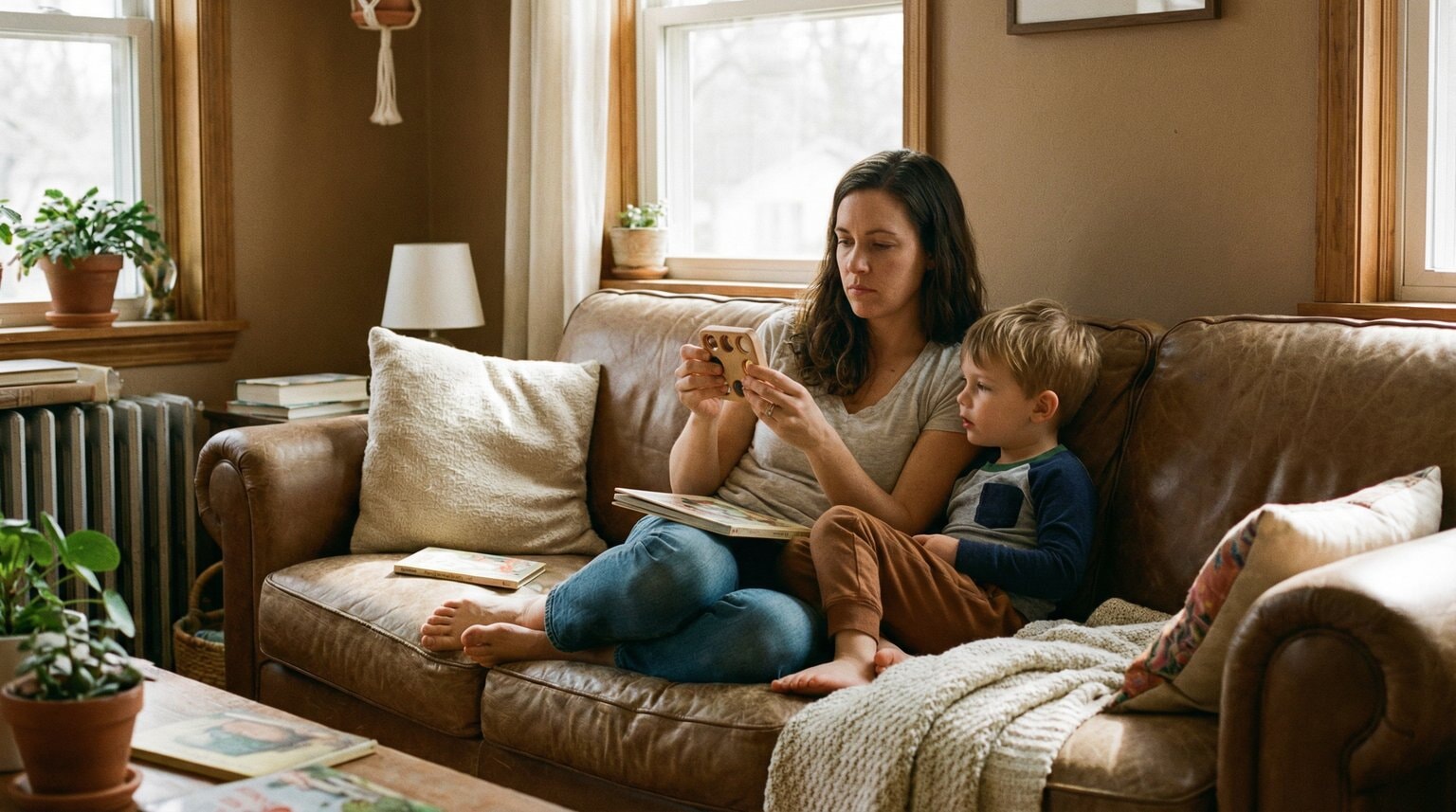 Parent and child on couch thoughtfully examining fidget toy together