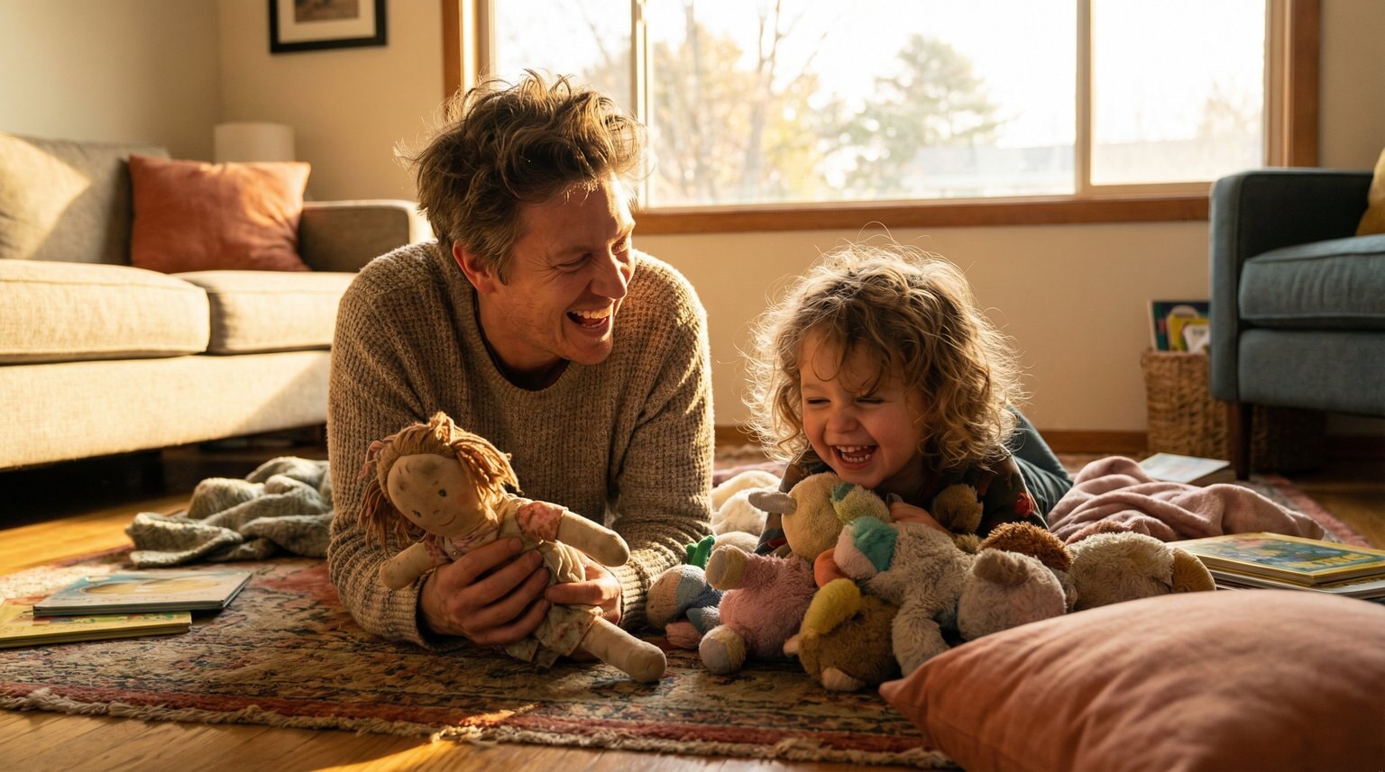Parent and young child laughing together while playing with dolls and stuffed animals on living room floor