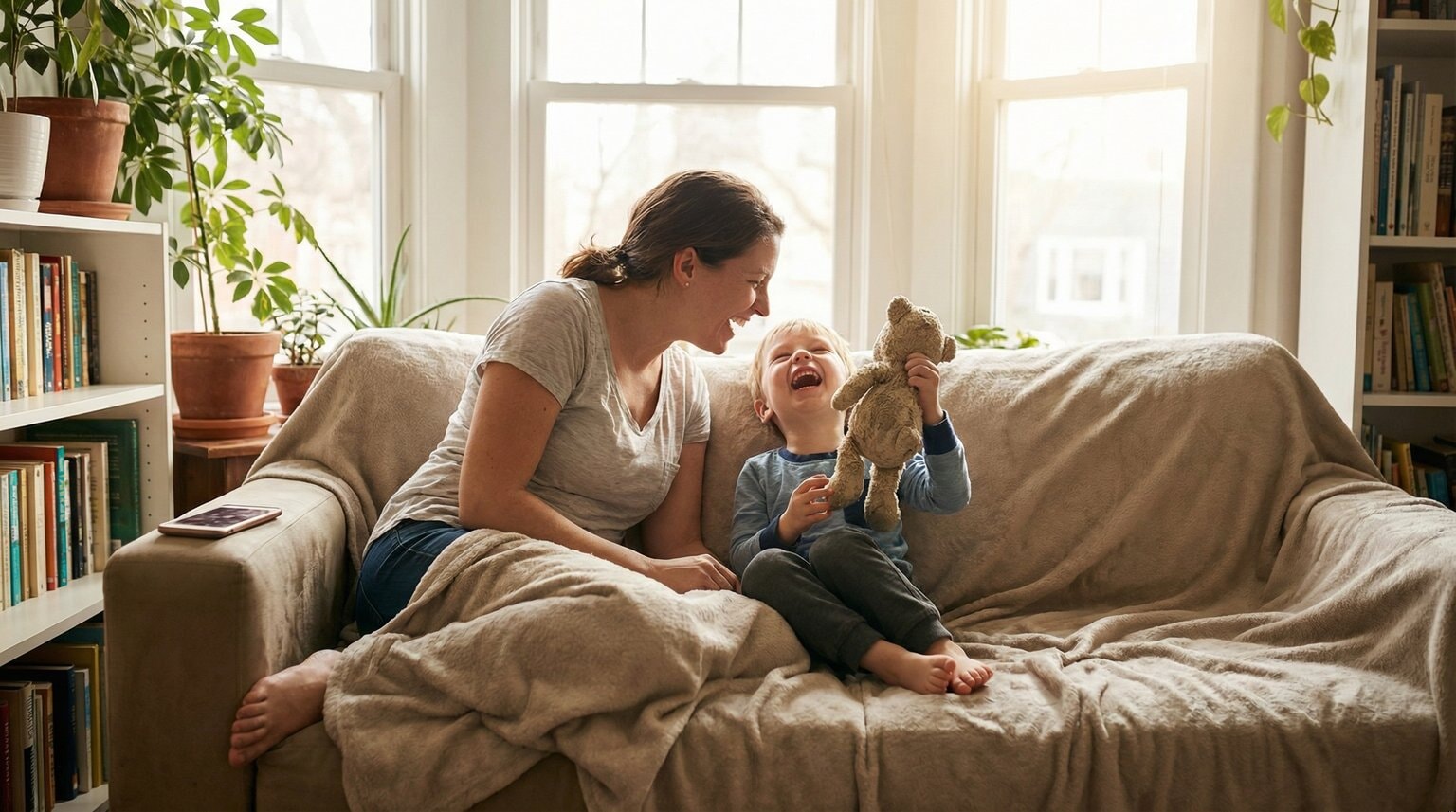 Parent and young child laughing together while playing with simple toy, no screens visible